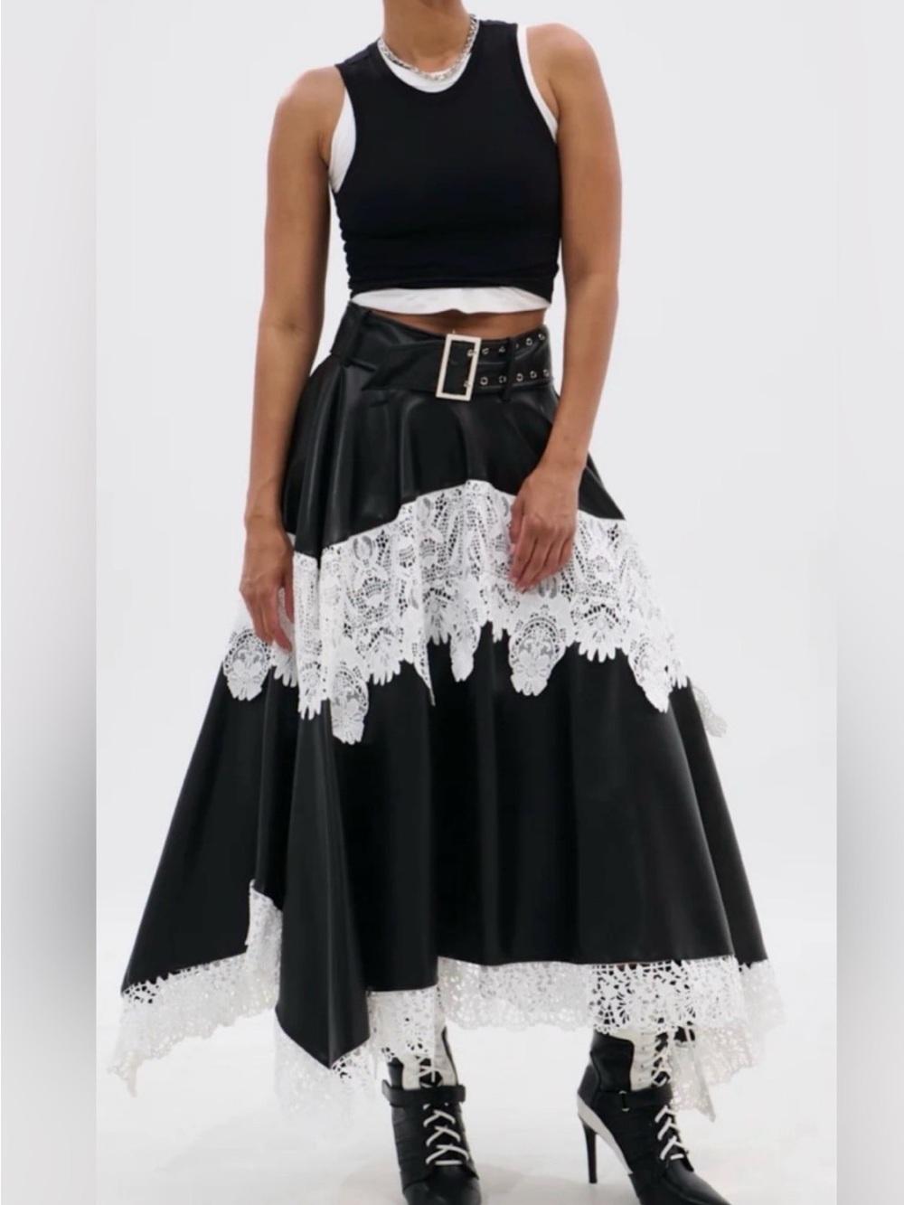 AKIRA Faux Leather Black Maxi Skirt White Lace Trim She’s Not For The Timid!!! - Picture 4 of 5